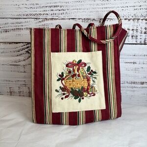 Longaberger‎ 2005 Holiday Christmas Stripe Tote Bag Embroidered Pocket Hostess